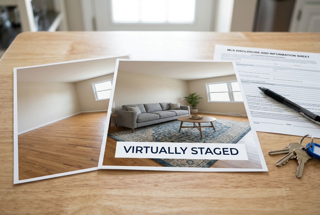 Printed listing photos comparing virtual staging vs physical staging, one marked "virtually staged" for MLS rules