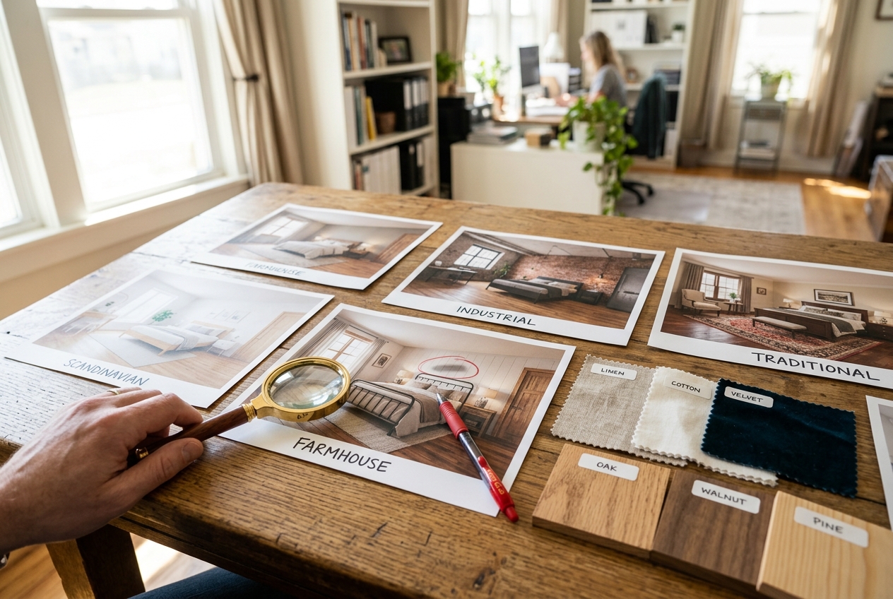 Printed staging style proofs and swatches compared with magnifier: virtual staging vs physical staging quality check