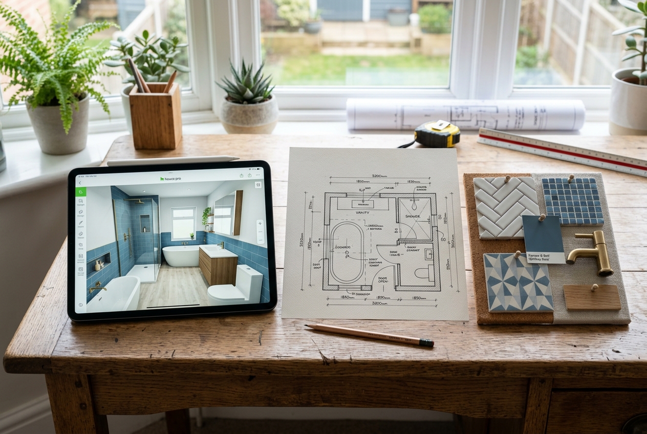 Tablet, floor plan, and tile swatches representing types of bathroom design software