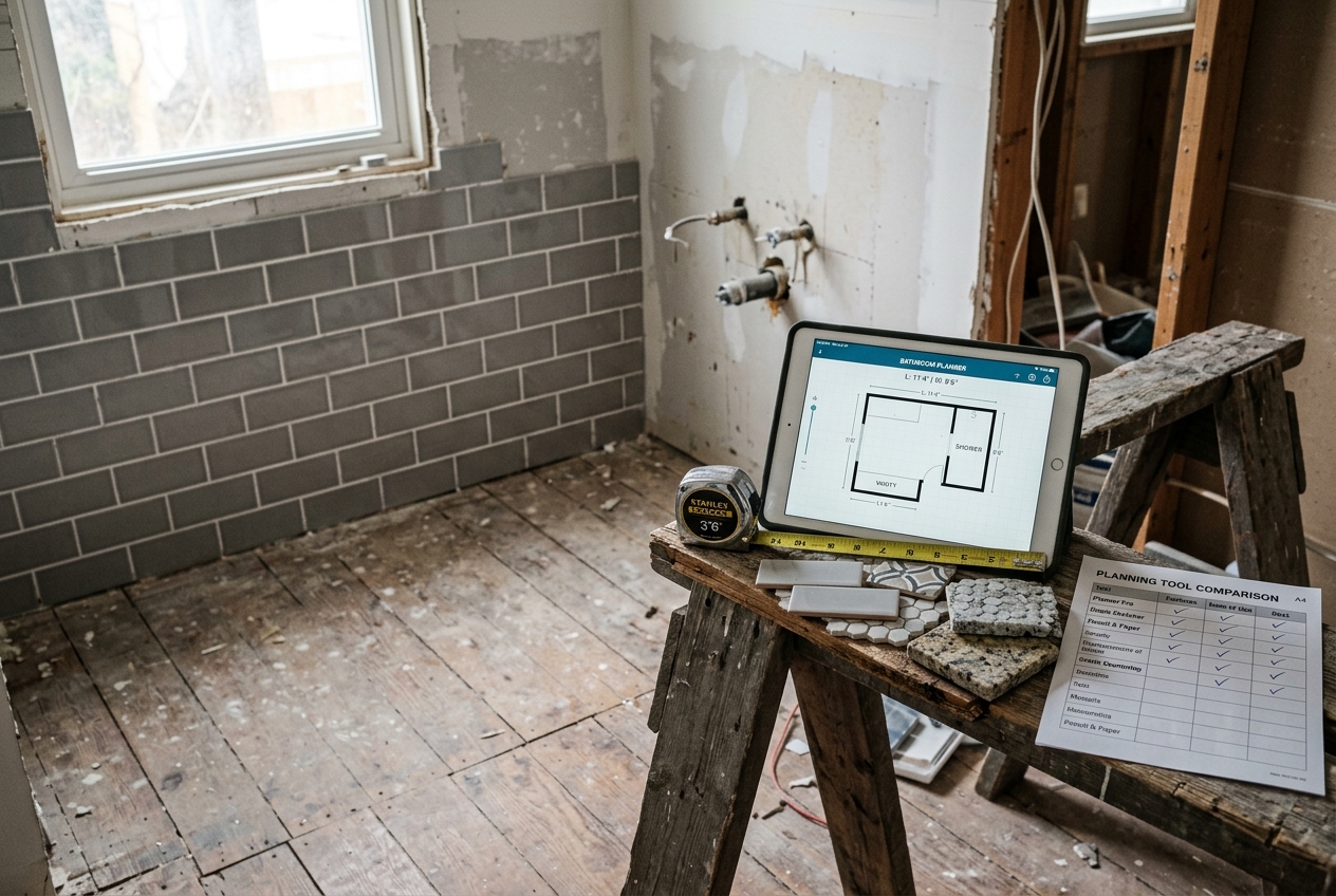 Tablet running bathroom design software beside tile samples in a mid-renovation bathroom