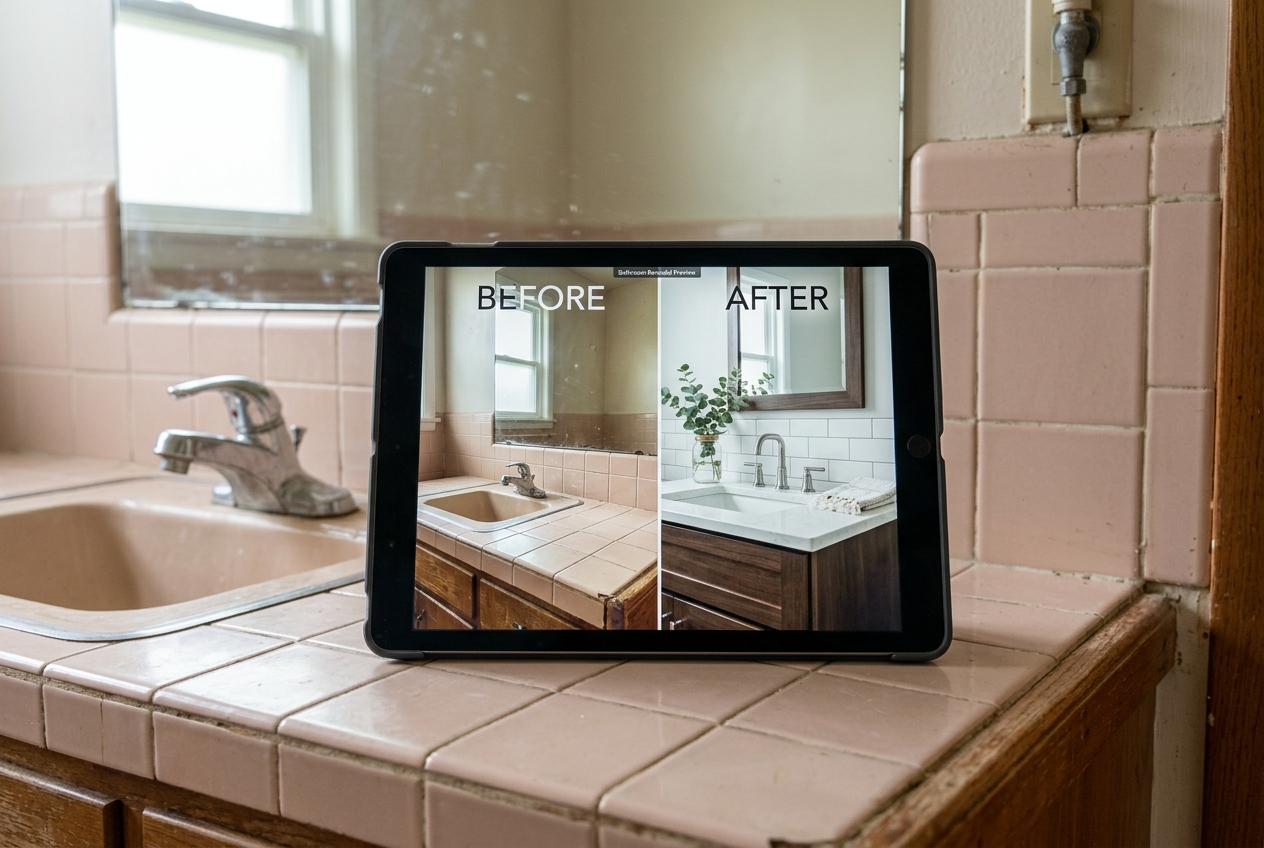 Tablet running bathroom design software shows a before-and-after remodel preview in an outdated bathroom