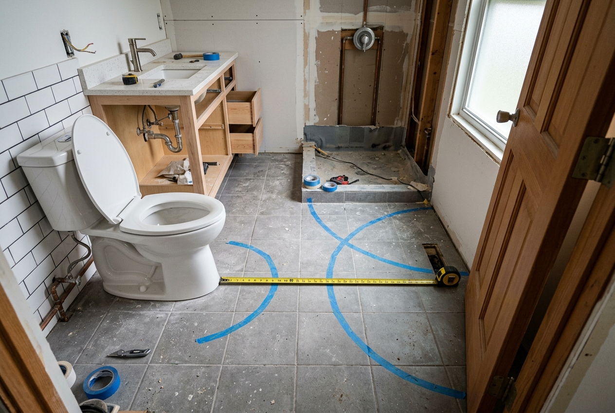 Measuring tape checking bathroom clearances, a key step before using bathroom design software