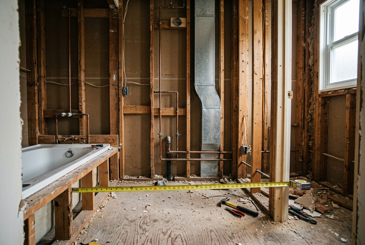 Exposed plumbing and framing show limits that bathroom design software can't predict