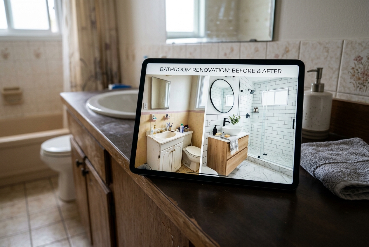 Tablet showing before and after bathroom design software results for a remodel