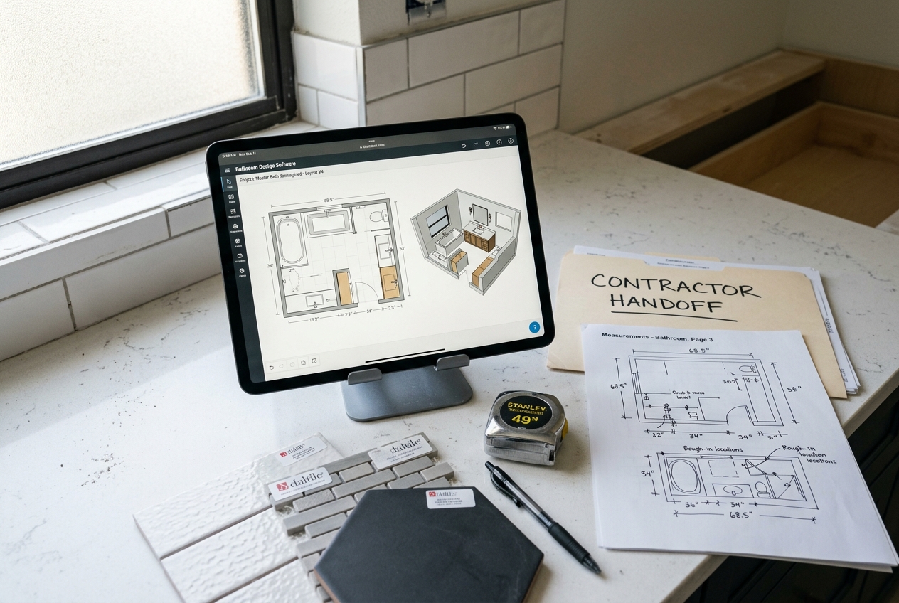 Bathroom design software plan on tablet with handoff notes and tile samples for remodel workflow
