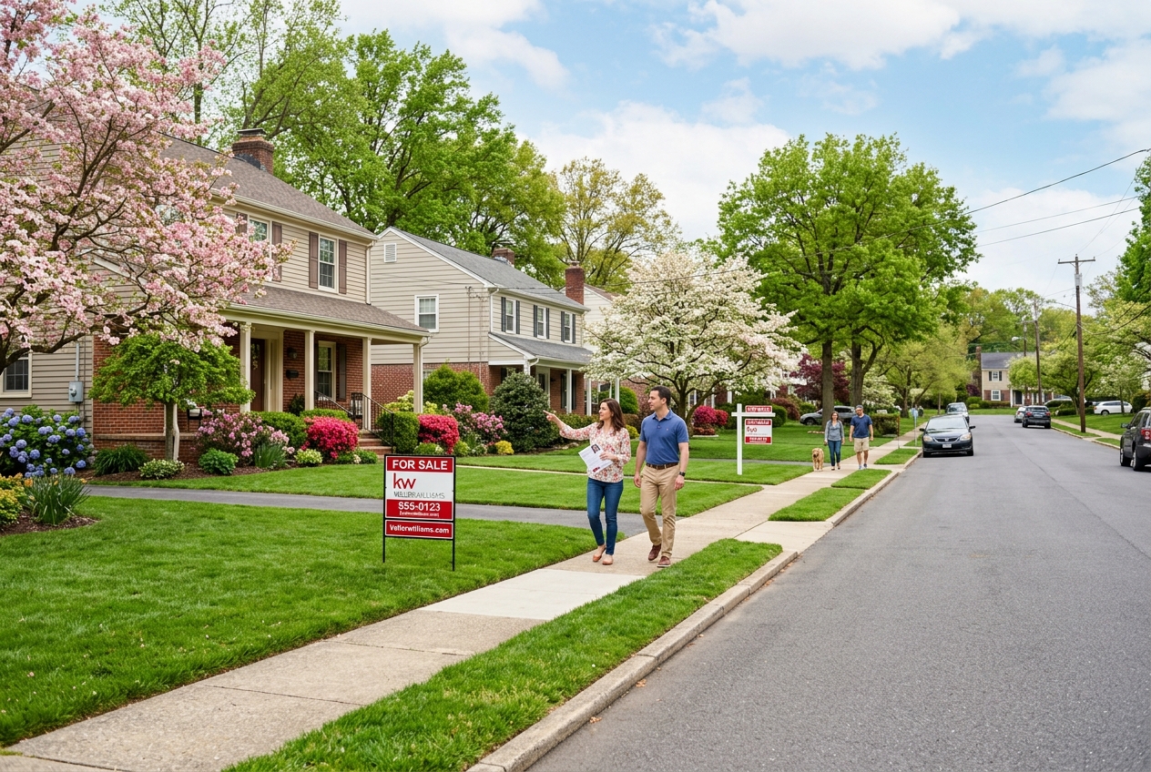 Spring street with multiple for-sale signs illustrating the best time to sell a house