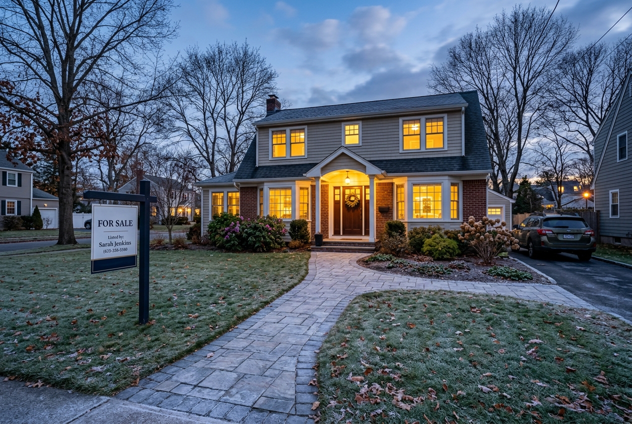 Warmly lit home exterior at dusk showing the best time to sell a house even off-season