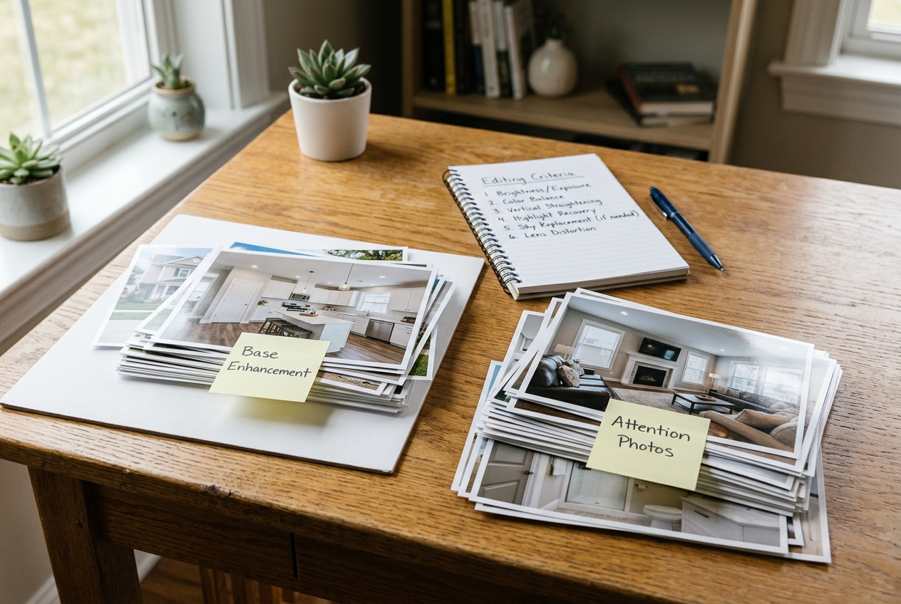 Printed listing photos sorted into piles when evaluating boxbrownie alternatives for editing needs