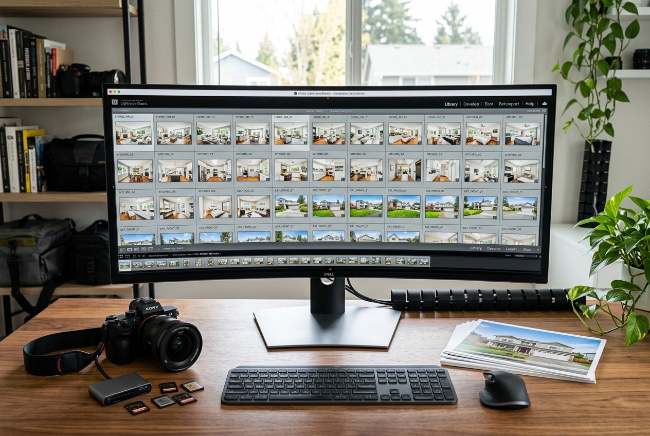 Photo editing workstation showing batch-processed listing images, illustrating boxbrownie alternatives for photographers