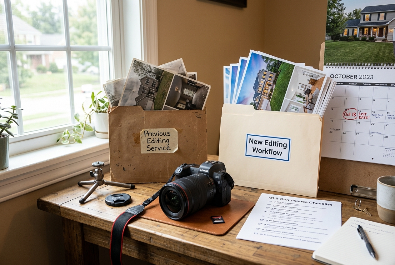 Desk showing a photographer switching workflows, illustrating boxbrownie alternatives for listing photo edits
