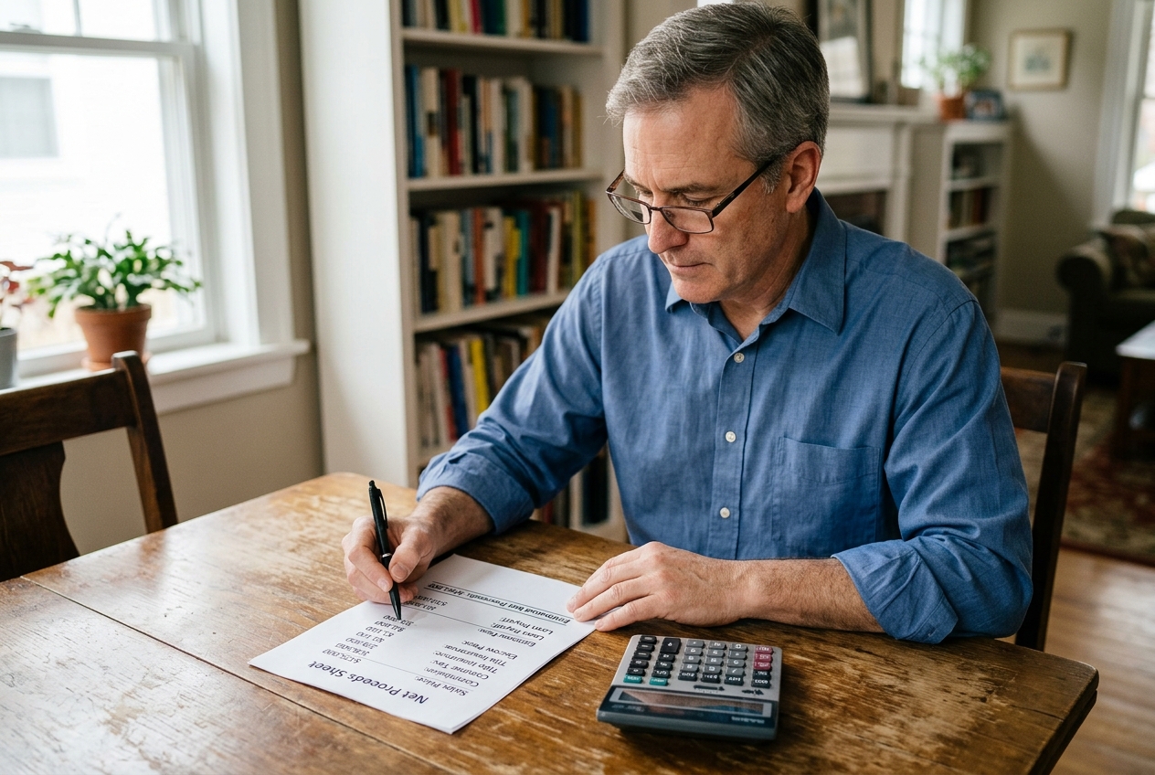 Man reviewing a net proceeds sheet to understand the cost to sell a house