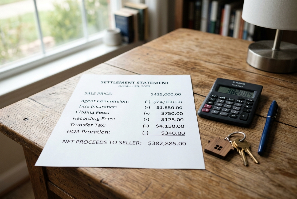 Settlement statement showing the cost to sell a house and resulting net proceeds calculation