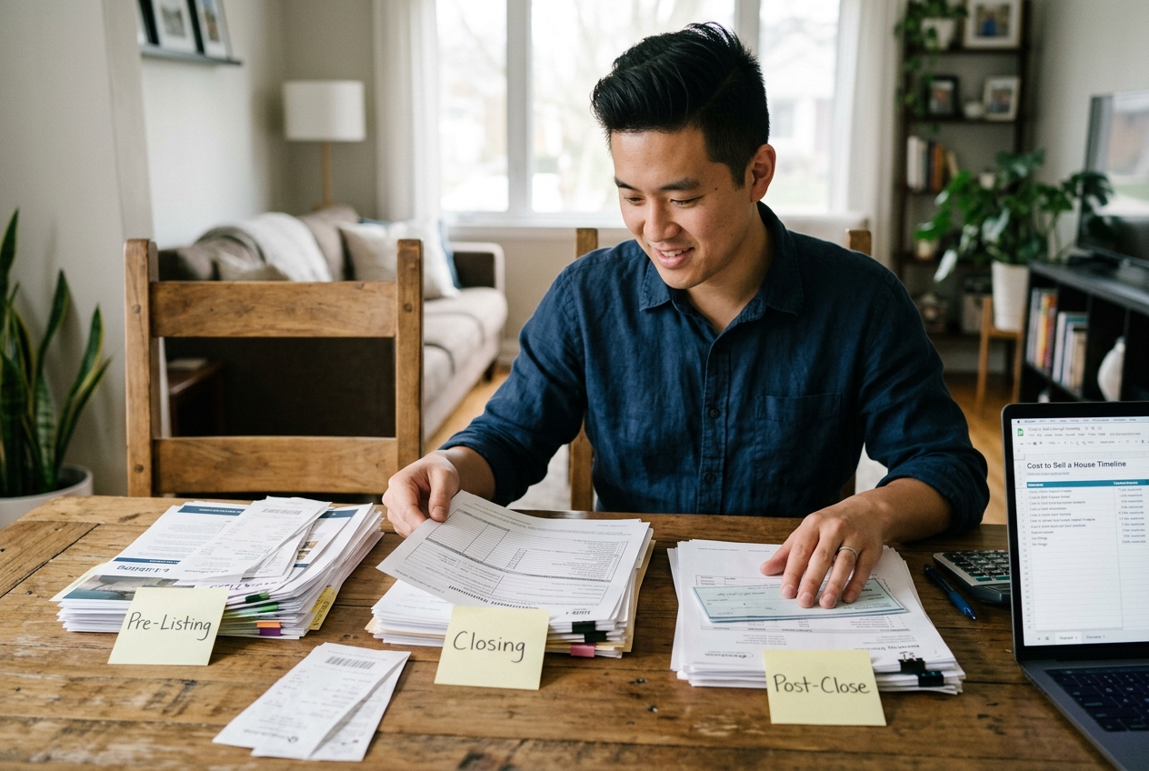Man organizing paperwork showing the cost to sell a house across pre-listing, closing, and post-close phases