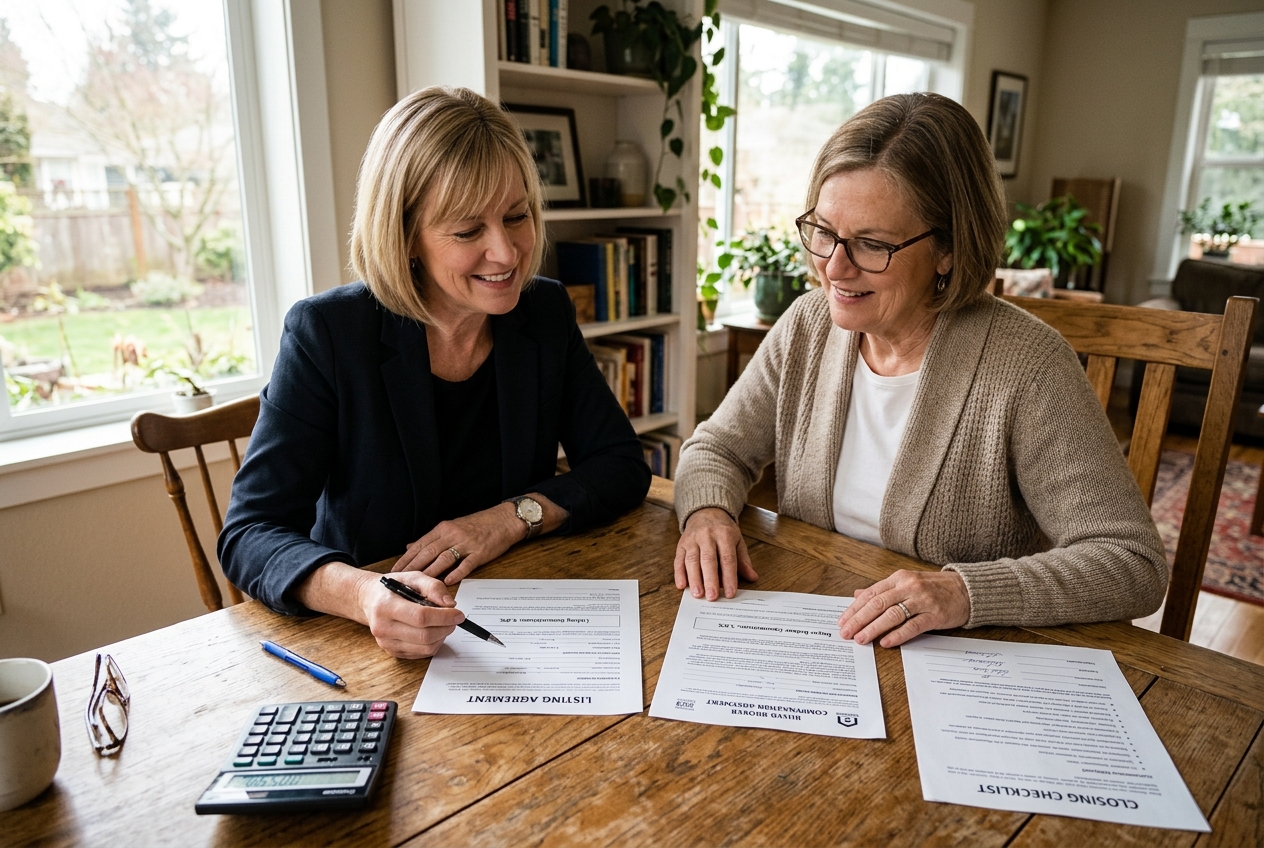 Agent and seller review separate commission agreements reflecting the real cost to sell a house