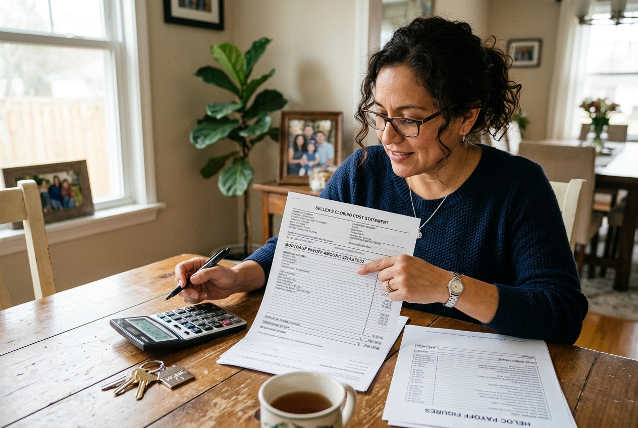 Seller reviewing mortgage payoff and closing cost line items, part of the cost to sell a house