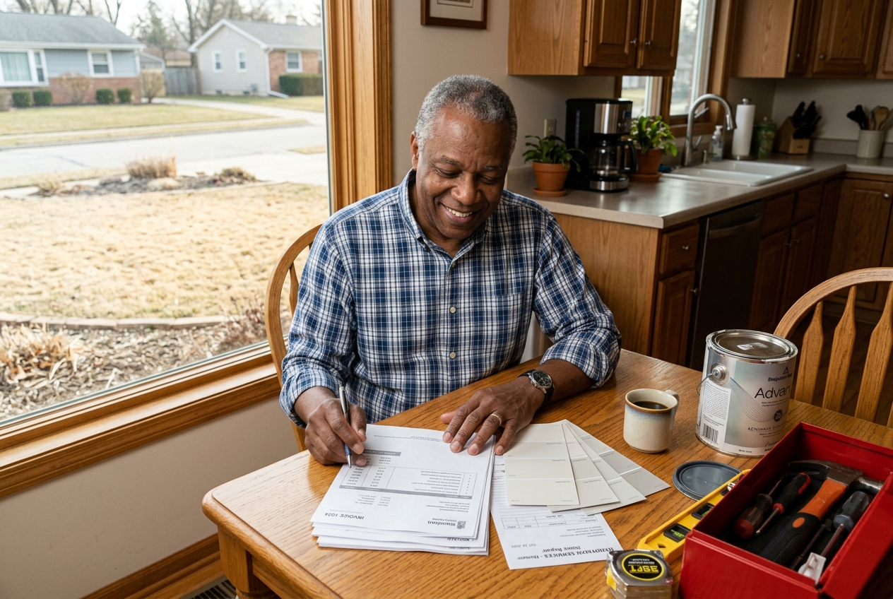 Homeowner reviewing repair receipts, showing part of the cost to sell a house before listing