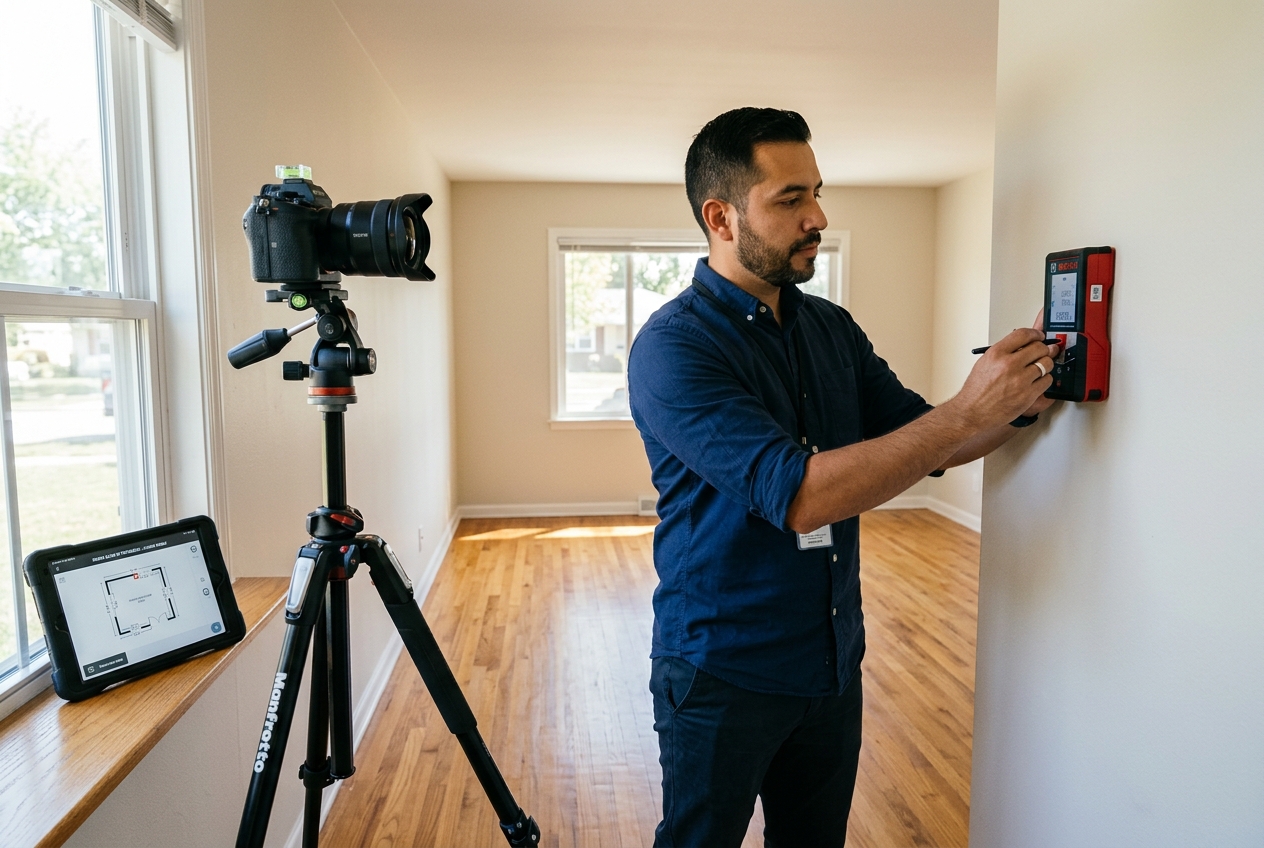 Man performing floor plan photography by measuring a room during a listing photo shoot