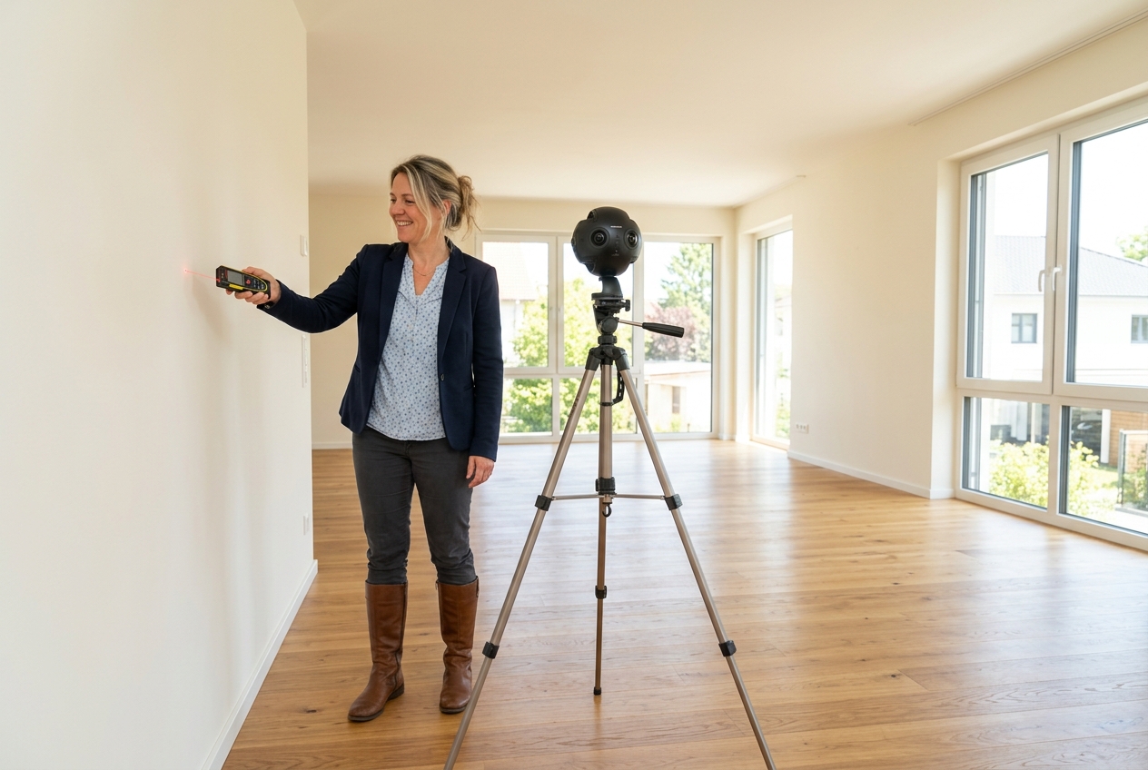 Woman using laser measurer and 360 camera on site for floor plan photography