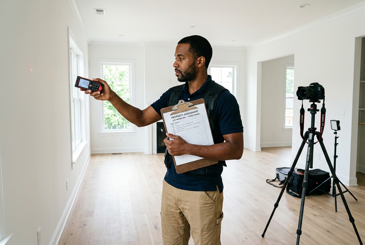 Photographer measuring a room before shooting, illustrating floor plan photography workflow order