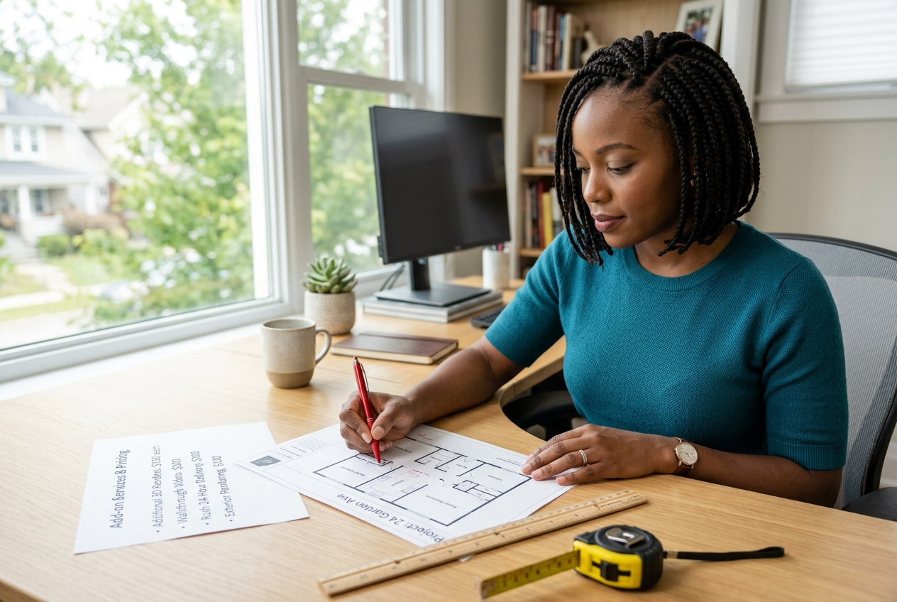 Reviewing a floor plan photography draft and add-on pricing sheet before final delivery