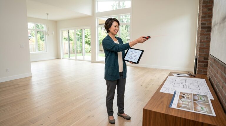 Woman using laser tool and tablet for floor plan photography in an empty living room