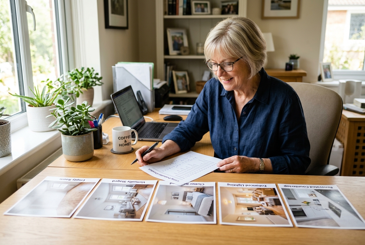 Agent comparing printed photo results while evaluating InstantDeco alternatives for staging features