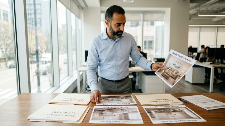 Agent comparing staged listing photos while reviewing InstantDeco alternatives for room staging