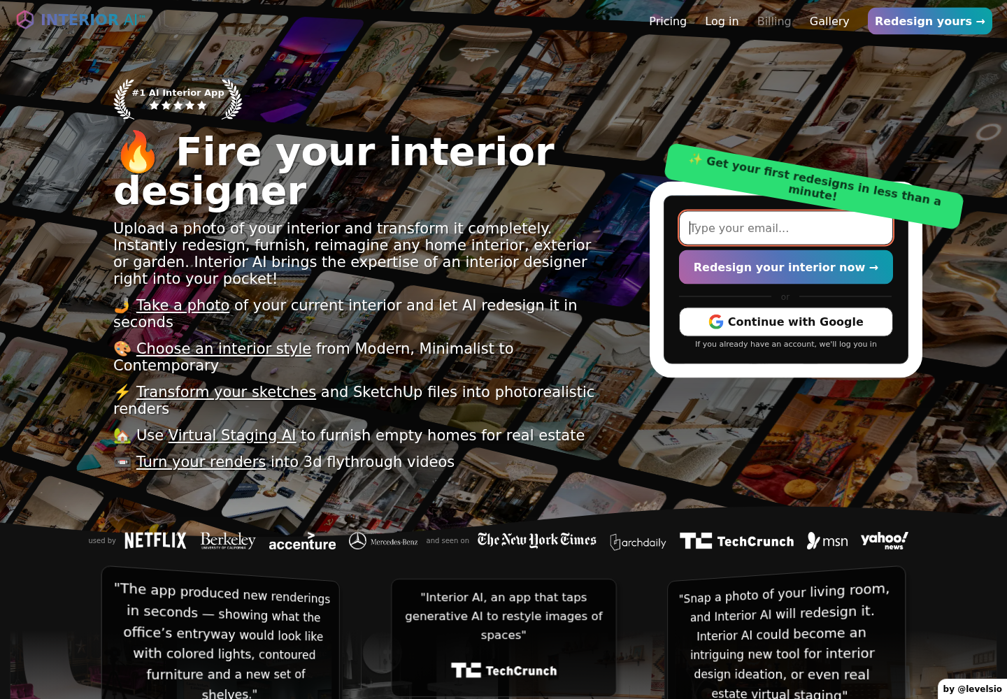 Interior AI product screenshot: Interior AI home page and passwordless sign-in box