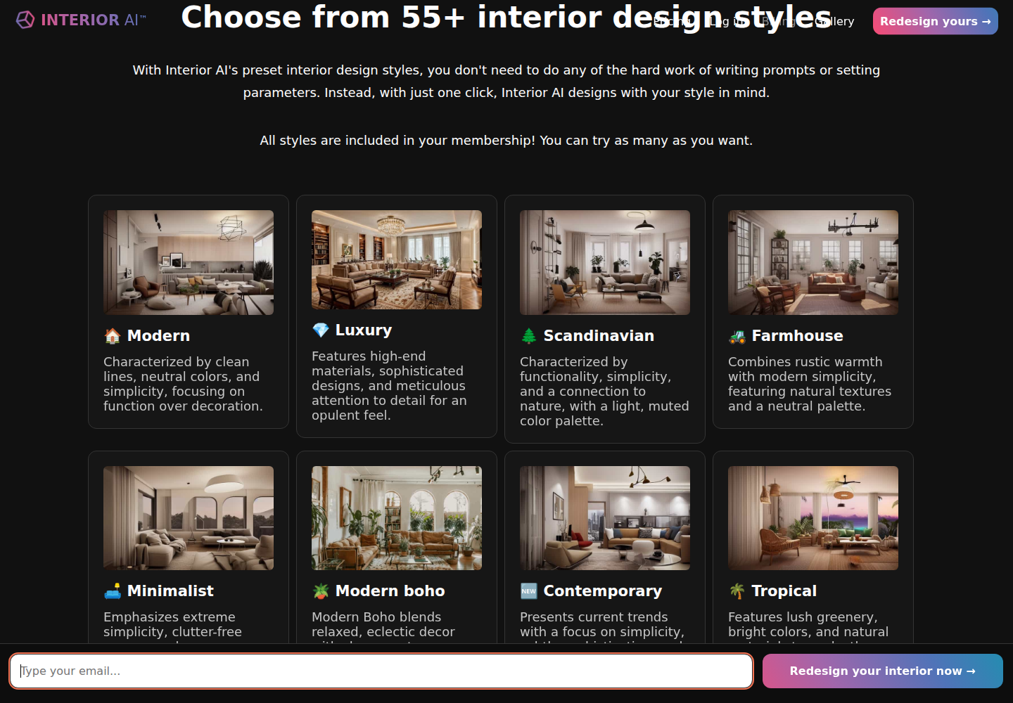 Interior AI style picker with 56 preset interior design styles