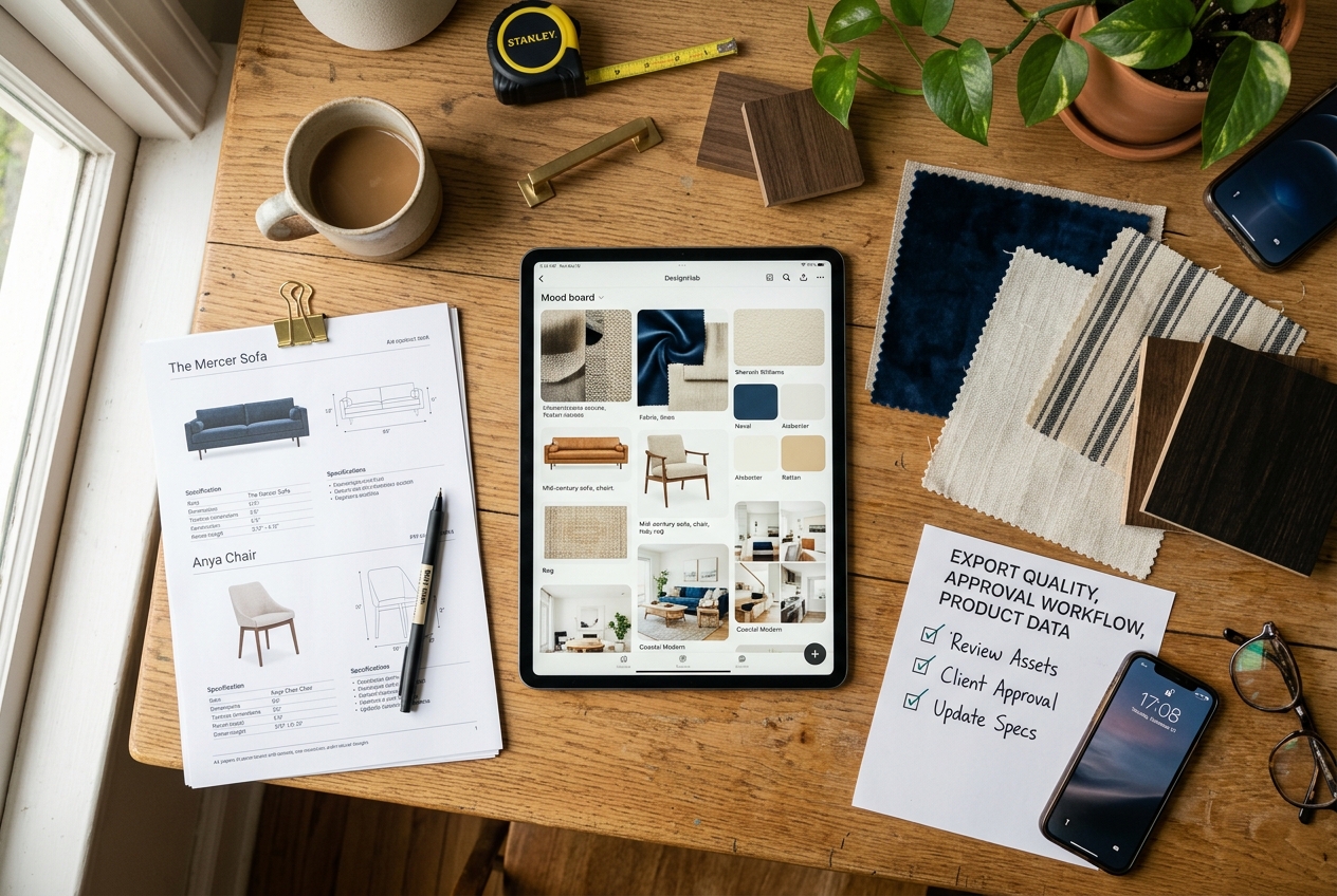 Tablet and printed samples show criteria used to evaluate each mood board app