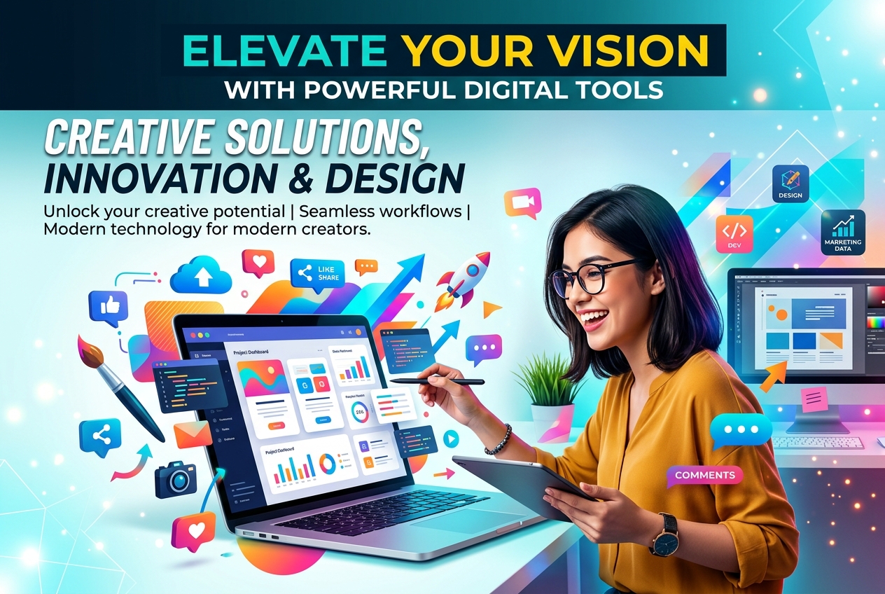 Marketing graphic featuring digital design elements and modern typography