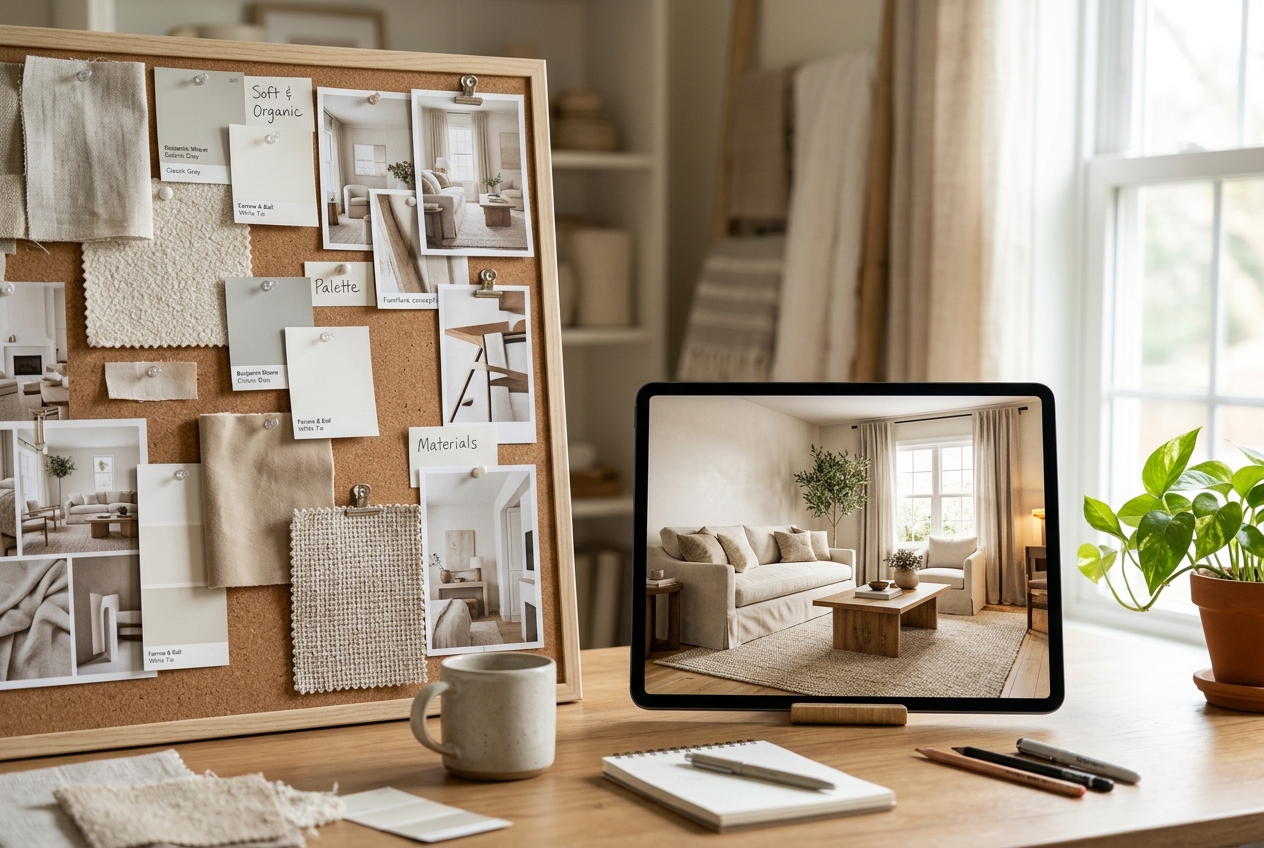 Mood board app inspiration board next to a photorealistic rendered room visualization