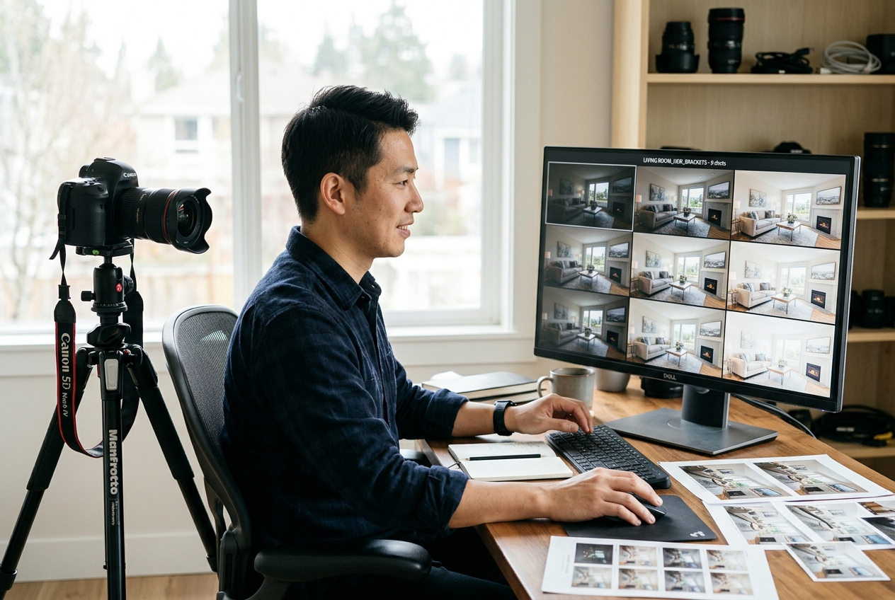 Photographer reviewing bracketed exposures in photo culling software for real estate HDR editing