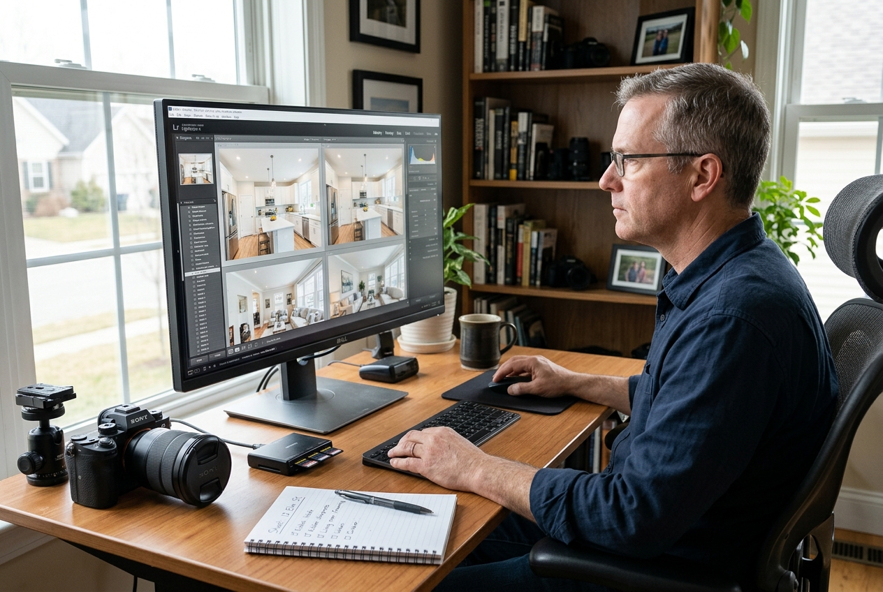 Photographer using photo culling software to compare real estate interior images on a monitor