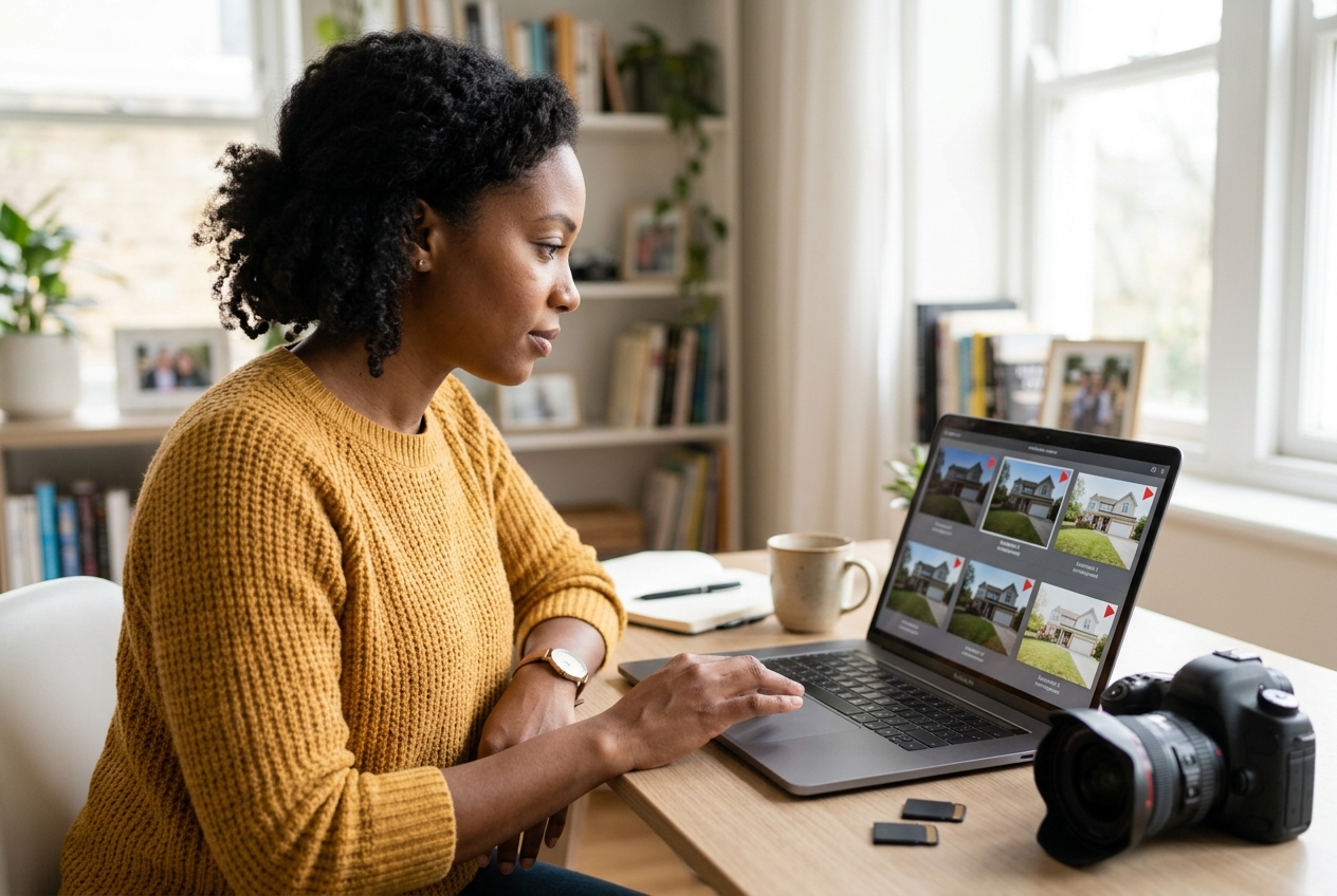 Real estate photographer reviewing photo culling software grouping bracketed exterior shots by scene