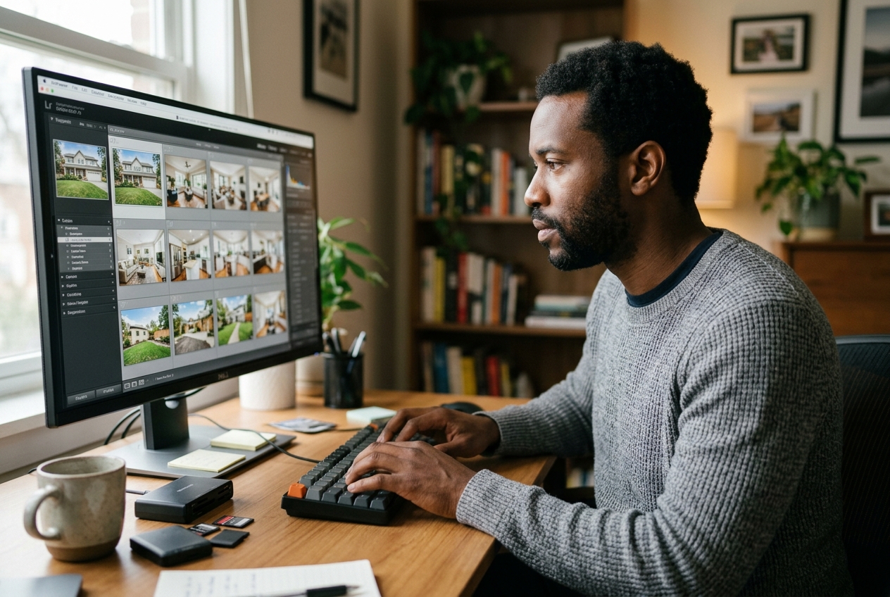 Photographer using photo culling software to quickly sort real estate listing images