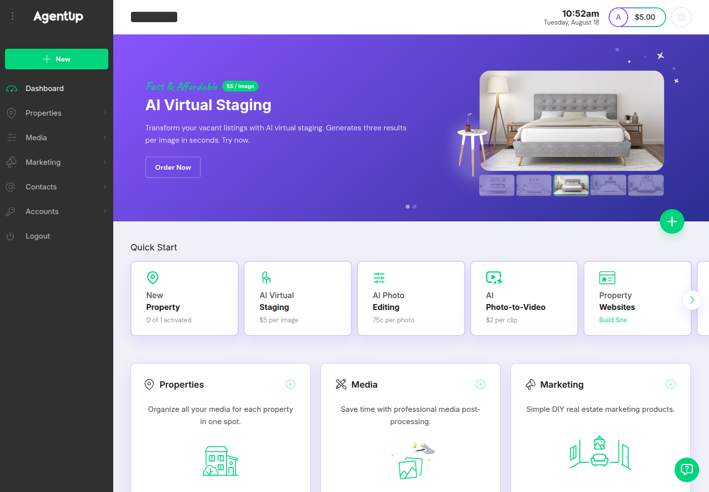 PhotoUp dashboard — Quick Start tiles showing the per-item prices, plus sidebar and prepaid balance