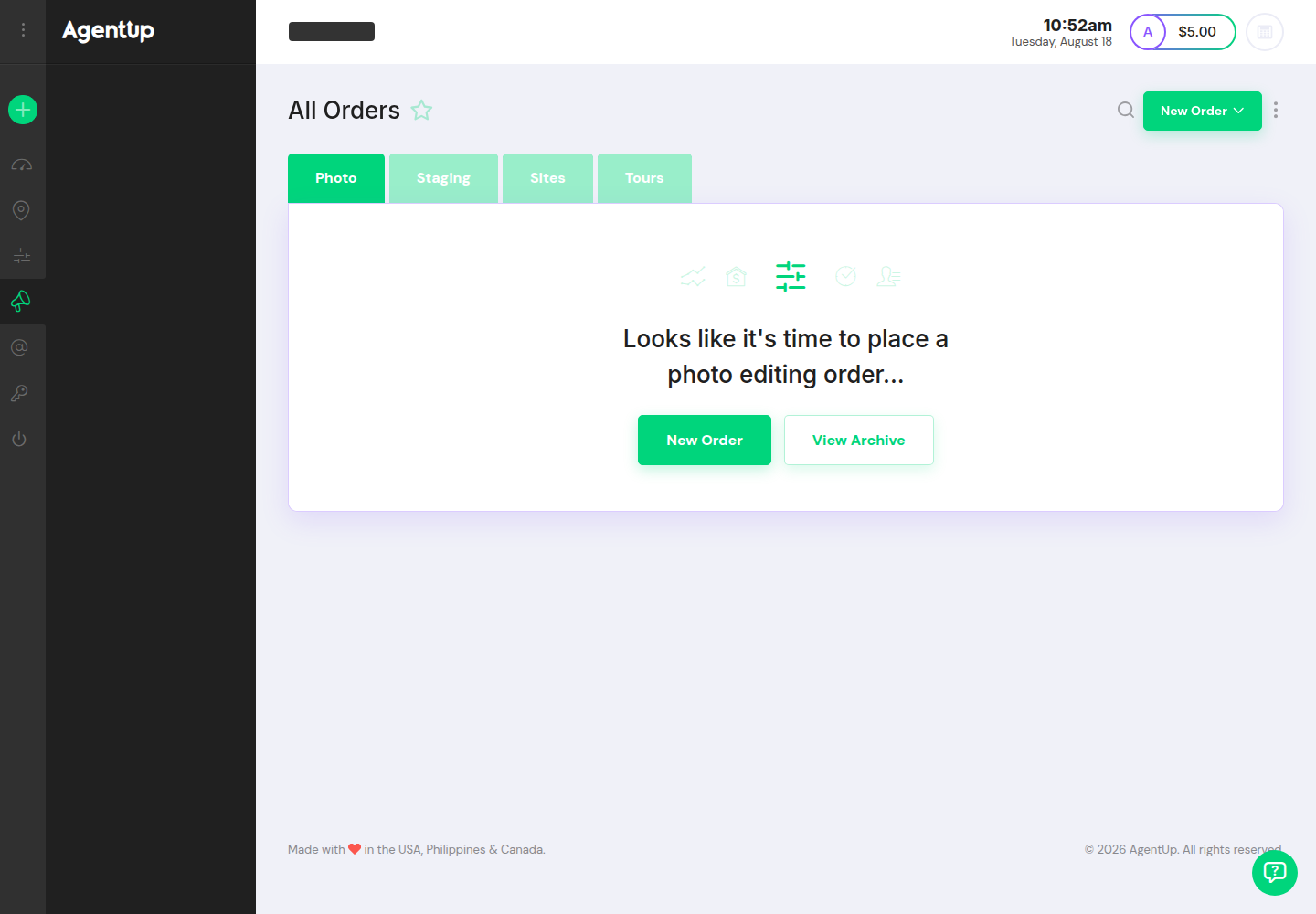PhotoUp product screenshot: All Orders — the Photo tab empty state, with the Staging, Sites and Tours tabs and the New Order button