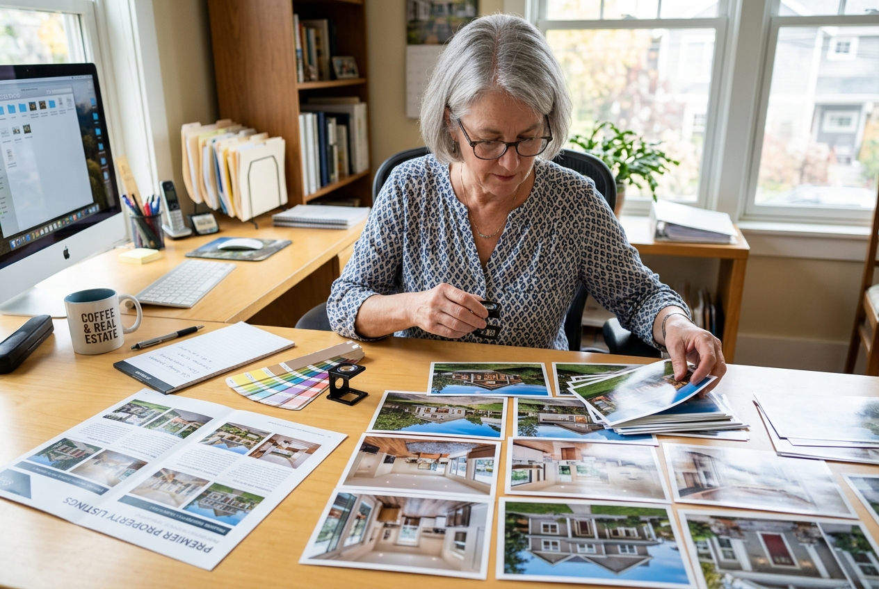 Woman reviewing printed photos for a consistent real estate brochure photo set