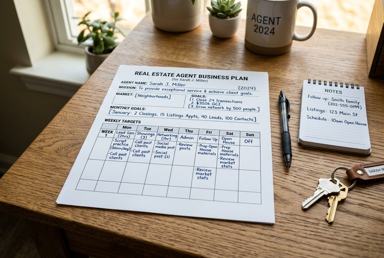 Printed one-page real estate business plan template on a desk with pen, notepad, and house keys
