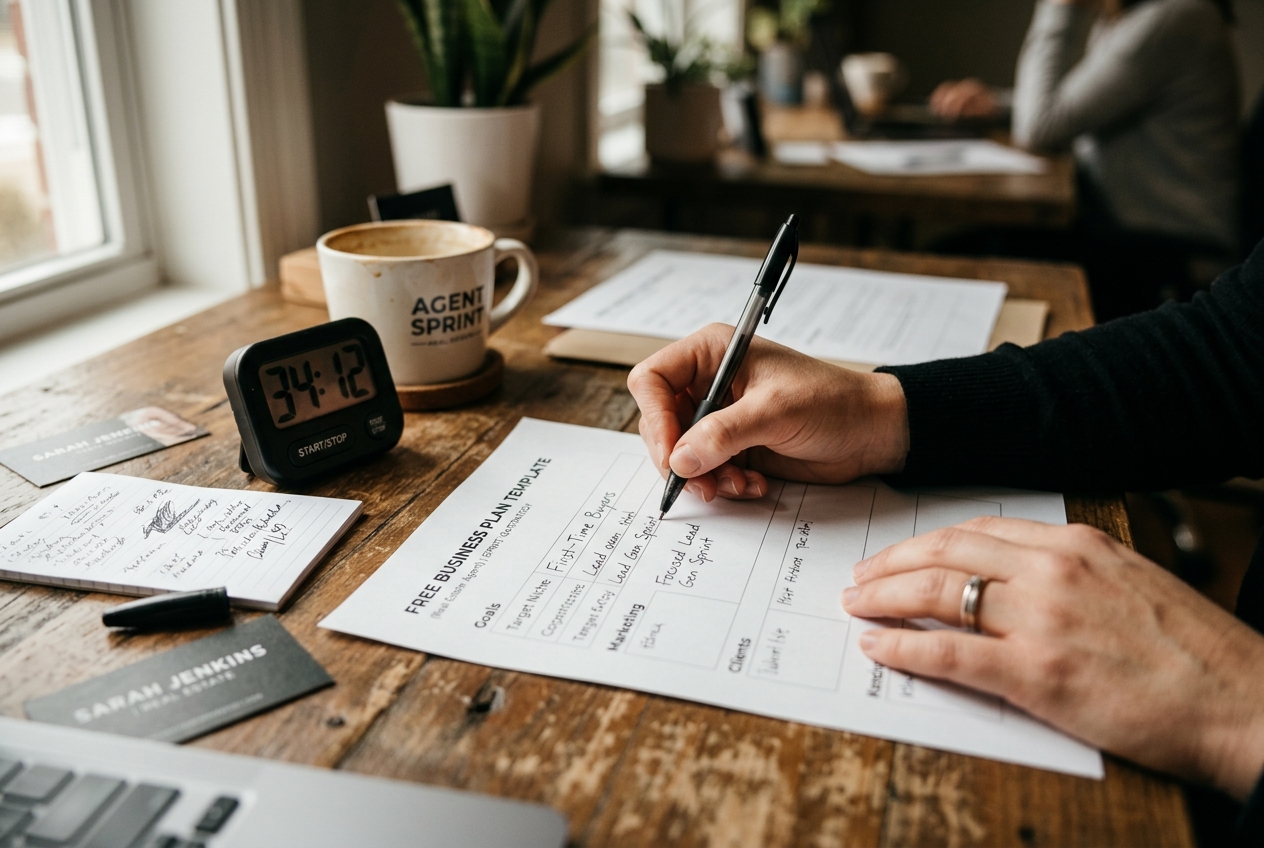 Agent completing a real estate business plan template in a focused 30-minute writing sprint at a desk
