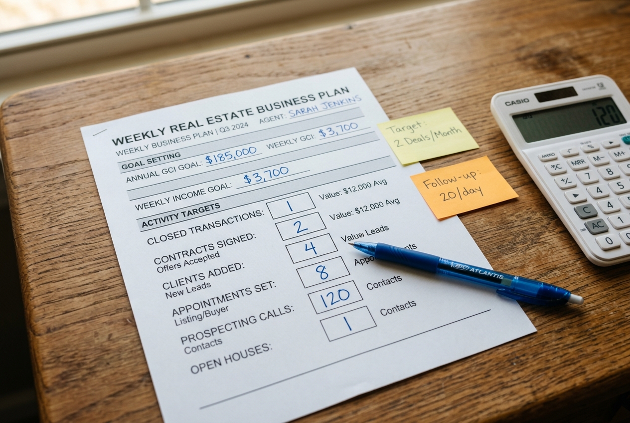 Handwritten real estate business plan worksheet breaking annual income goals into weekly action targets