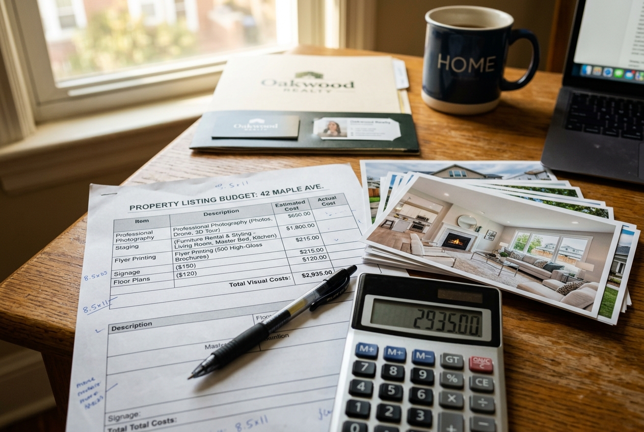 Printed real estate business plan budget sheet with listing visual costs, property photos, and a calculator on a desk