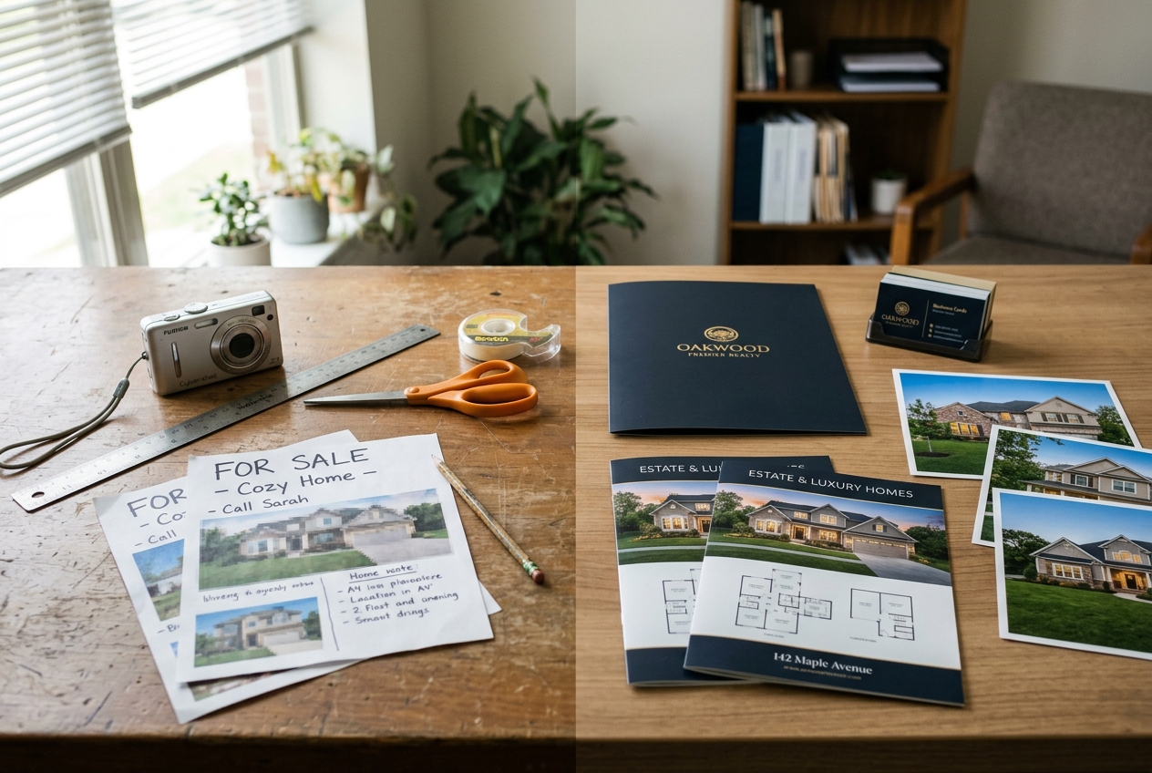 Desk comparing DIY flyers with polished materials from a real estate marketing agency