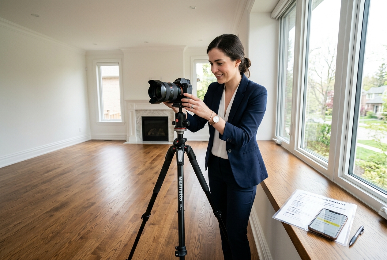 Agent photographs empty living room, weighing real estate marketing agency vs DIY listing media production