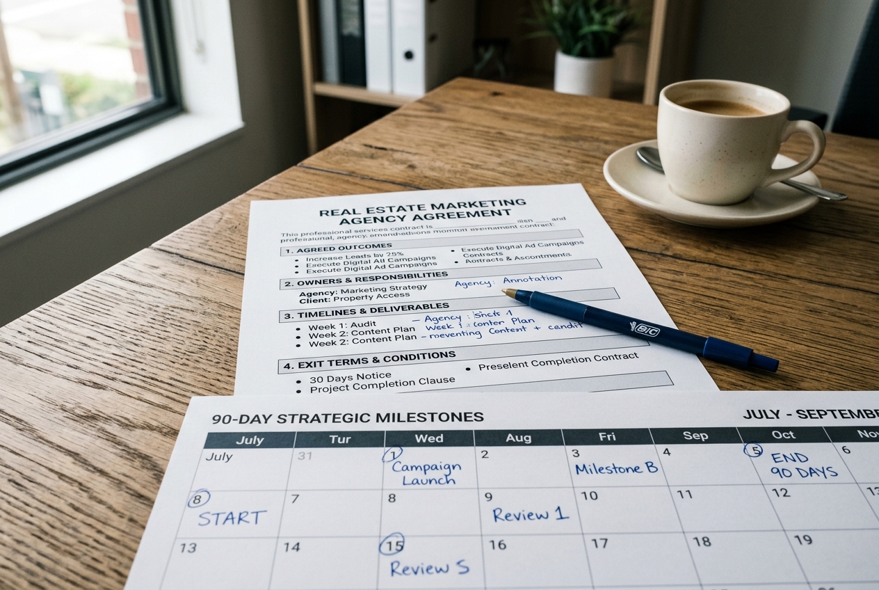 Contract and 90-day plan for vetting a real estate marketing agency