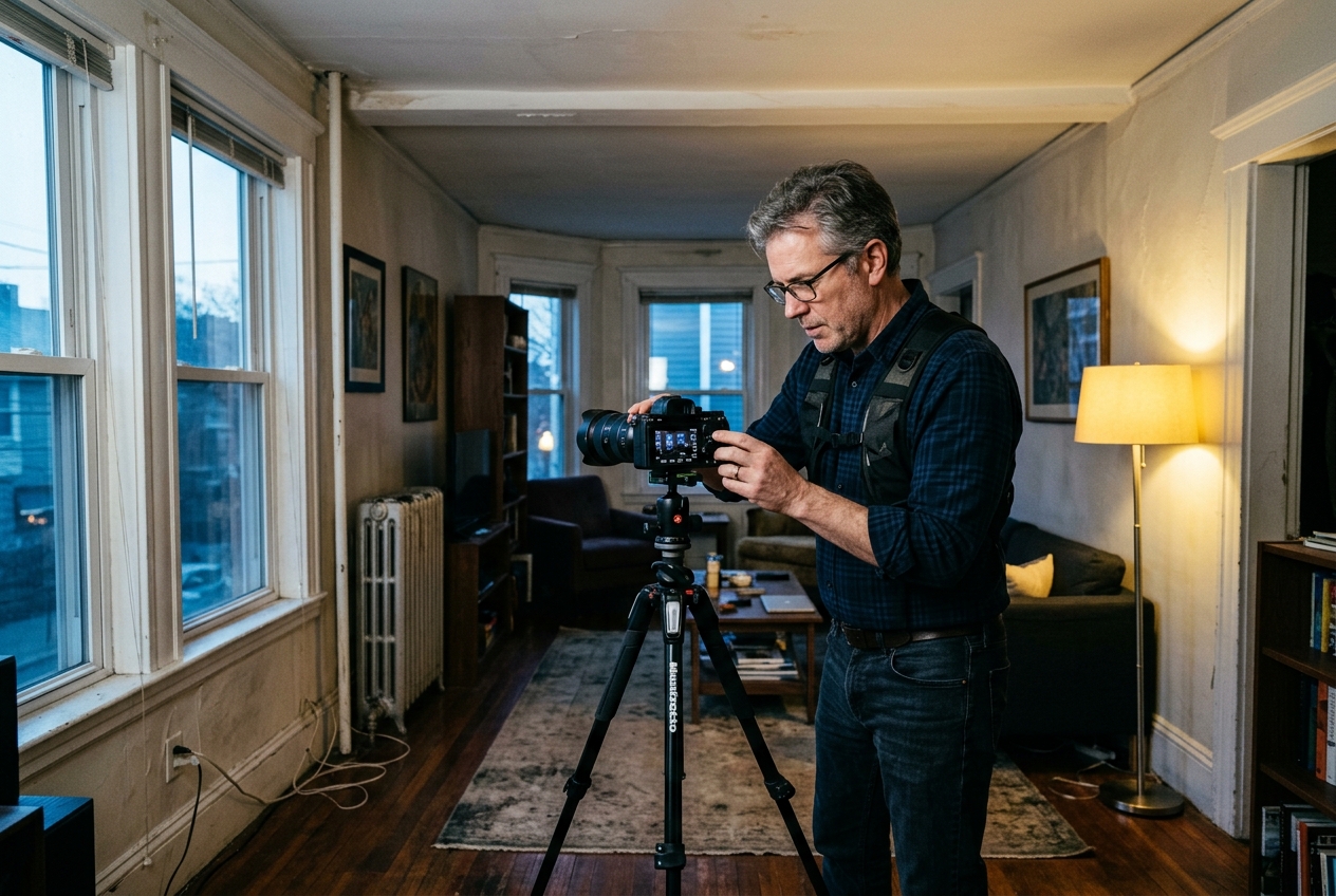 Real estate photographer boston capturing a narrow triple-decker room with mixed lighting
