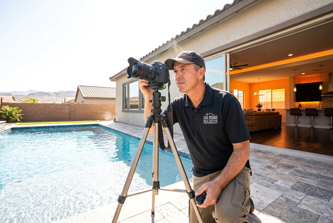 Real estate photographer las vegas shooting a pool listing under harsh desert midday sun