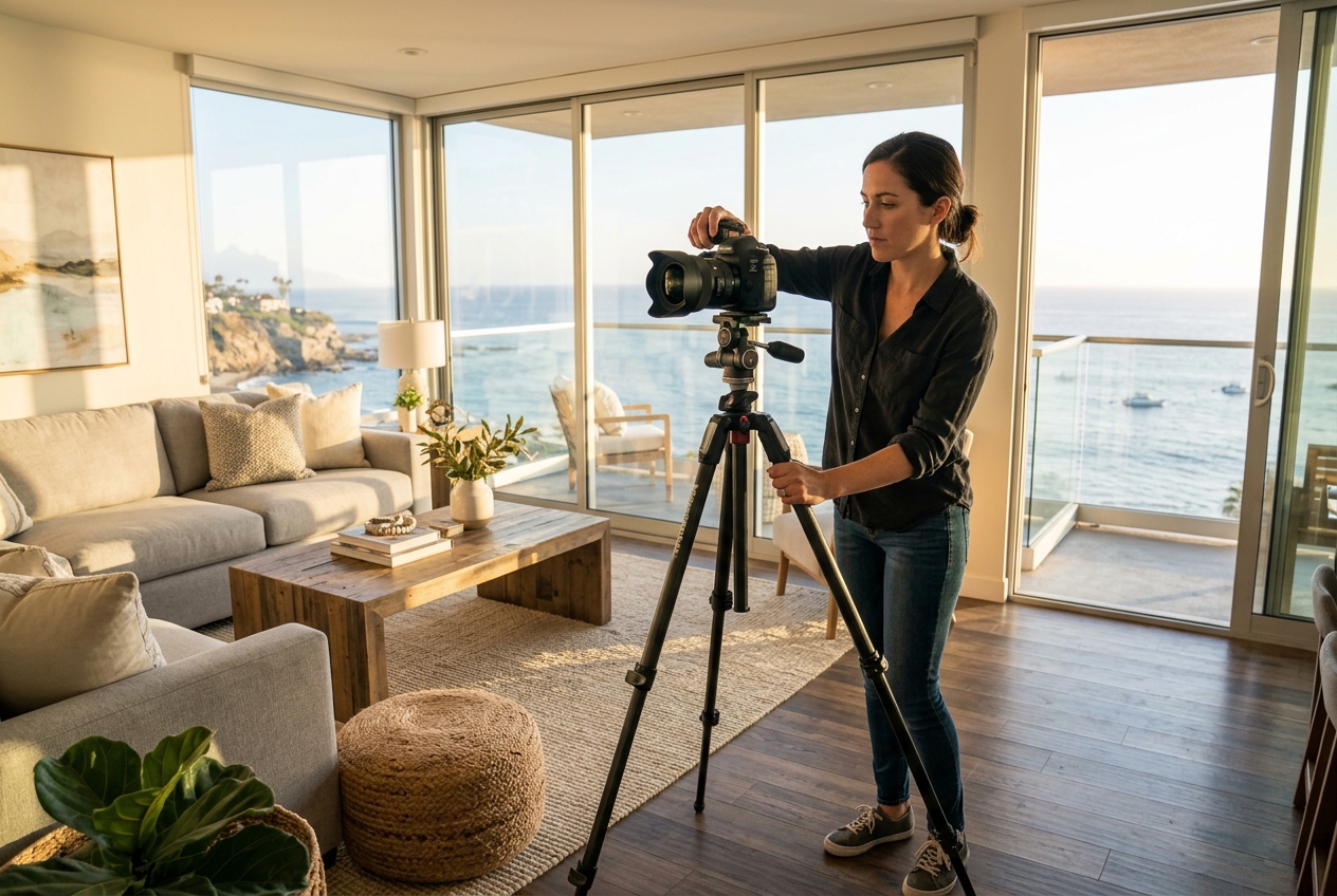 Real estate photographer san diego setting up a tripod shot inside a bright coastal listing with large windows