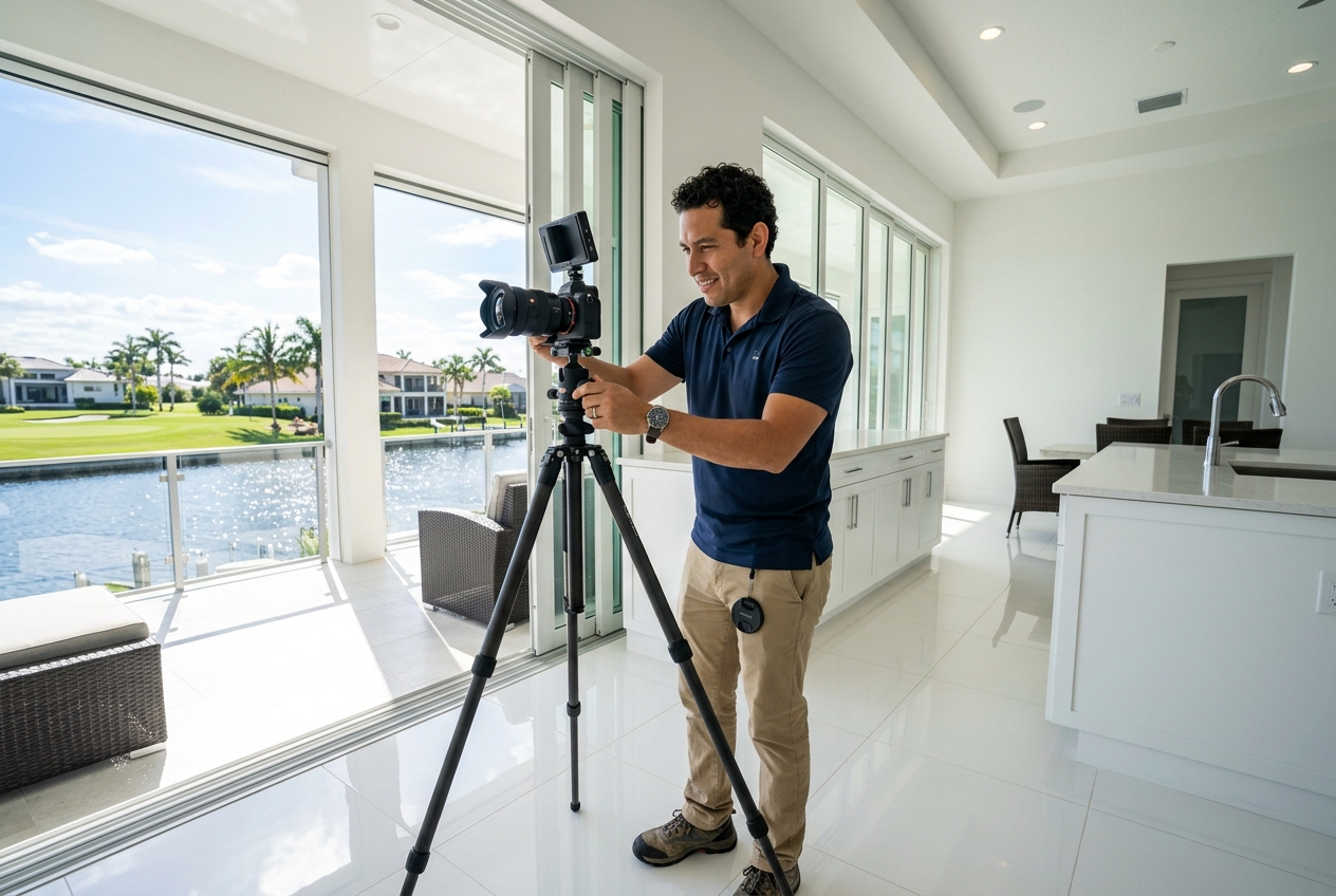Real estate photographers naples fl capturing bright lanai and water view for a listing